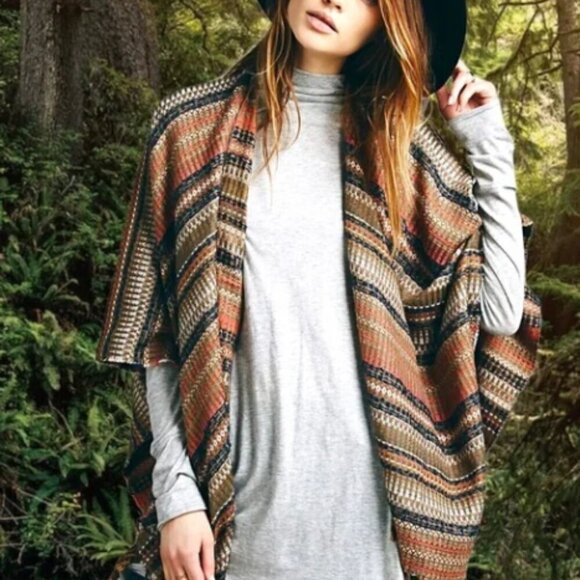 Free People Fringed Boho Ruana Shawl Open Front One Size - Picture 1 of 5